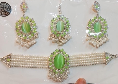 Picture of akik stone choker necklaces with tikli and ear rinngs . women jewellery , ornaments choker
