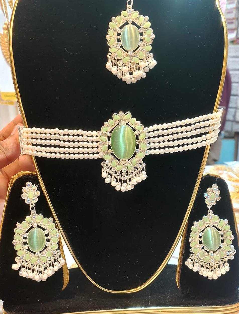 Picture of akik stone choker necklaces with tikli and ear rinngs . women jewellery , ornaments choker