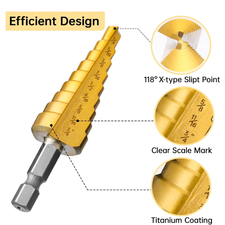 Picture of High Speed Steel Titanium Coated Step Drill Bits 3Pcs Titanium Step Drill Bit Set for Plastic Wood-GND-X1000256