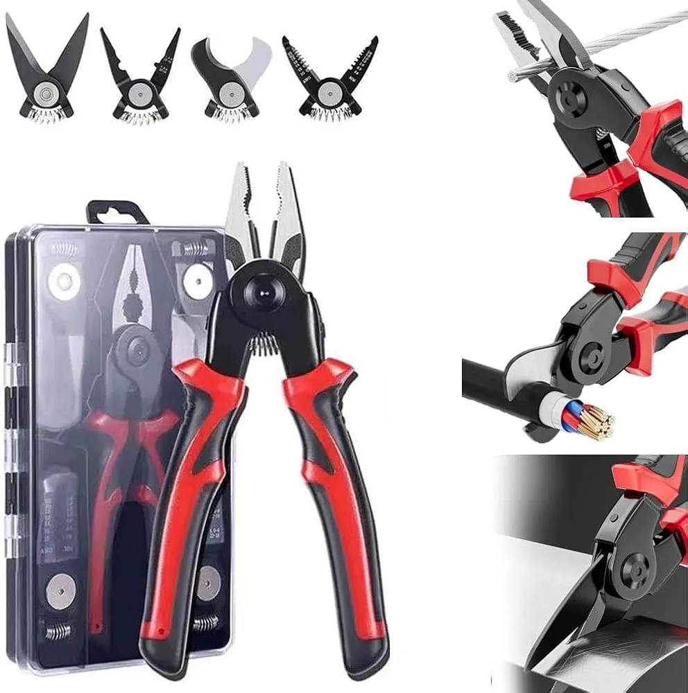Picture of EAFIXS 5 Head Plier 5-In-1 Multifunctional Wire Stripper, Combination Interchangeable Pliers Kit, Wire Stripper, Wire Crimping Tool, Linesman Pliers, Cable Cutter, Electricians Scissor with Storage Case