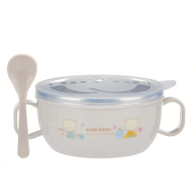 Picture of Baby Feeding Bowl with Lids Stainless Steel double-layered Insulated Bowl Spoon Set Children Tableware Cartoon Printed Easy To Clean Children Food Bowl 1pcs