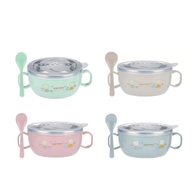 Picture of Baby Feeding Bowl with Lids Stainless Steel double-layered Insulated Bowl Spoon Set Children Tableware Cartoon Printed Easy To Clean Children Food Bowl 1pcs