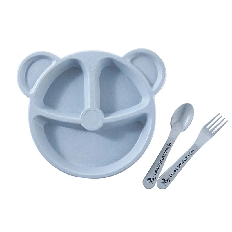 Picture of 3-in-1 Bear-Shaped Kids Divided Plate & Cutlery Set | Eco-Friendly Wheat Straw Fiber Toddler Feeding Set | Free Baby Dinner Tray