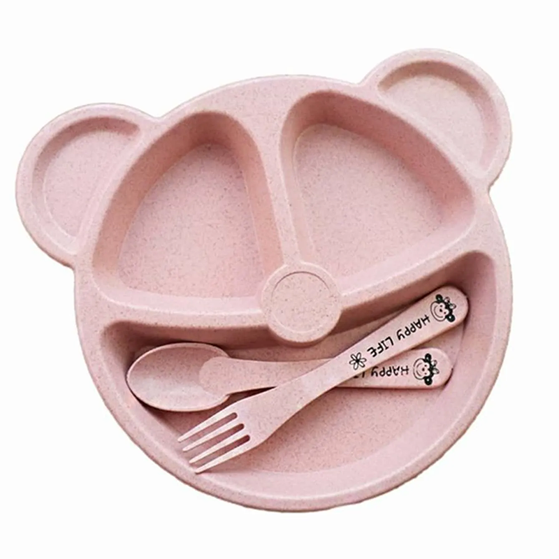 Picture of 3-in-1 Bear-Shaped Kids Divided Plate & Cutlery Set | Eco-Friendly Wheat Straw Fiber Toddler Feeding Set | Free Baby Dinner Tray
