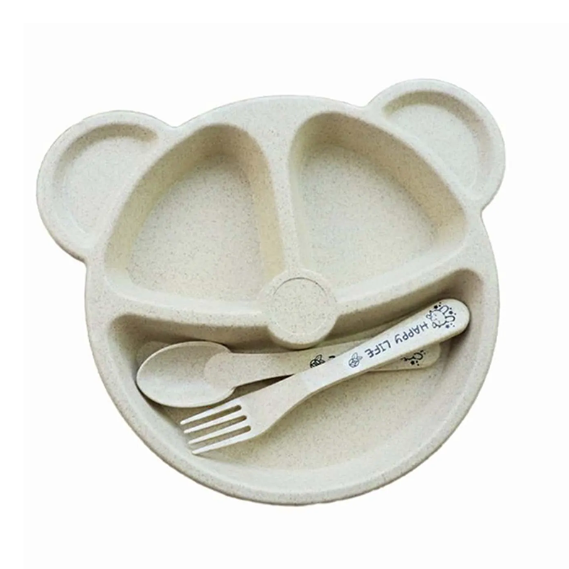 Picture of 3-in-1 Bear-Shaped Kids Divided Plate & Cutlery Set | Eco-Friendly Wheat Straw Fiber Toddler Feeding Set | Free Baby Dinner Tray