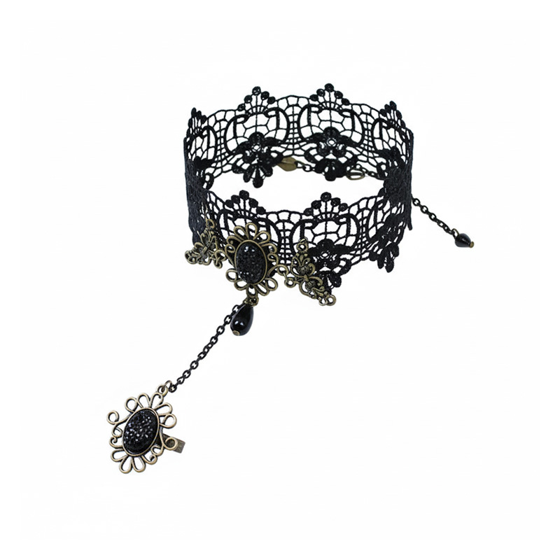 Picture of Gothic style black lace beaded ancient women wrist chain ring one chain bracelets - Bracelet