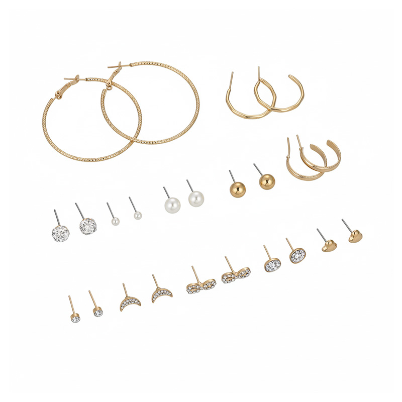 Picture of Stainless Steel - 12 Pair Set - Korean Square Zircon - Rhinestone Crystal Geometric Beans Ear Jewelry - Stud Earrings