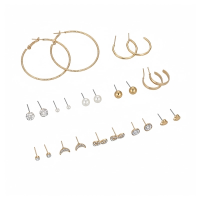 Picture of Stainless Steel - 12 Pair Set - Korean Square Zircon - Rhinestone Crystal Geometric Beans Ear Jewelry - Stud Earrings