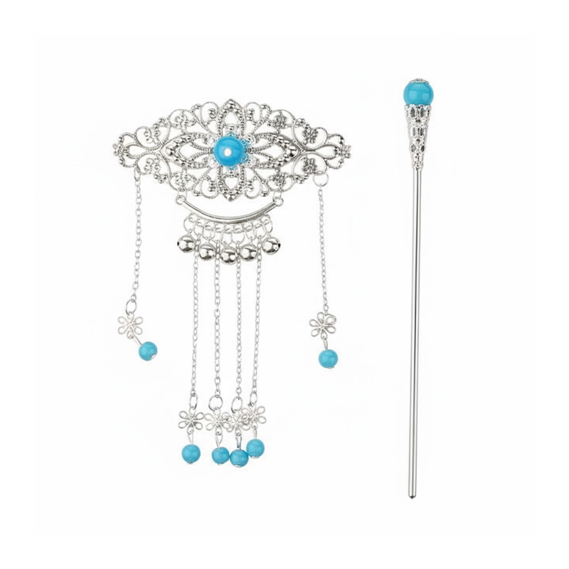 Picture of Women Retro SUBUKU Traditional Wedding Floral Tassels Bells Hair Stick Chopsticks Headwear Hairstick Jewelry