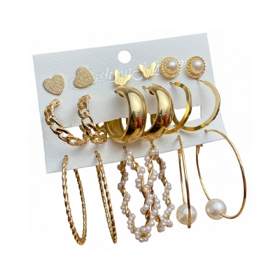 Picture of Creative simple fashion temperament ladies jewelry pearl butterfly chain big earrings set 9 sets