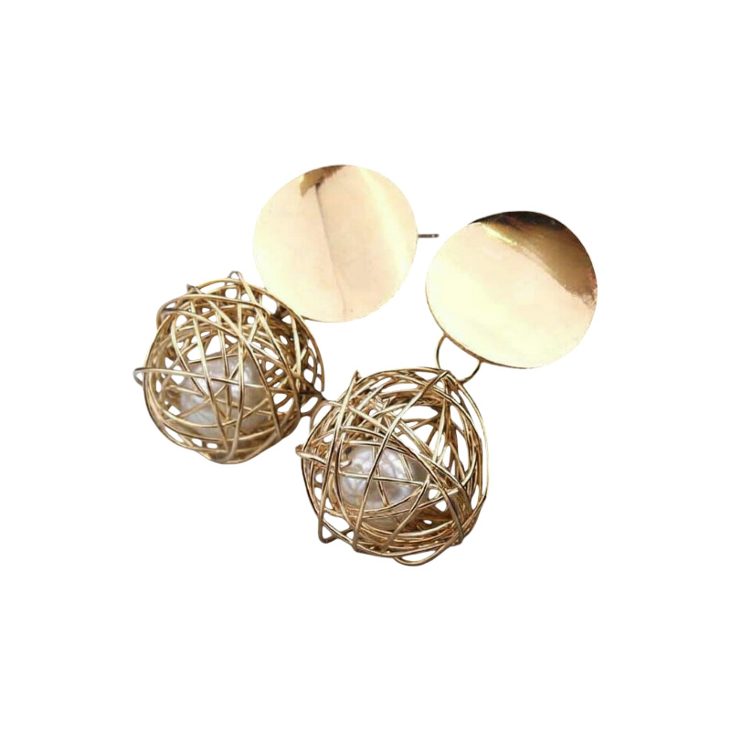 Picture of One Pair retro geometric earrings Simple weaving hollow ball pearl earrings- One Pair