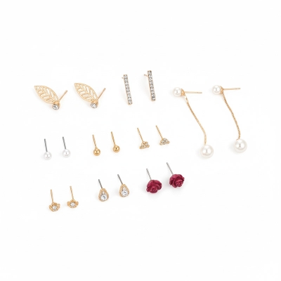 Picture of 9 Pair/Set Korean Square Zircon Stud Earrings Rhinestone Set Earrings Crystal Geometric Beans Ear Jewelry