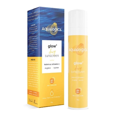 Picture of Aqualogica All Glow+ Dewy Sunscreen Gel With Papaya & Vitamin C 50gm | Broad Spectrum Spf 50+ Pa++++|Uva & Blue Light Protection|Anti-Pollution Factor (Apf)|Brightens SkinIFragrance-Free & No White Cast