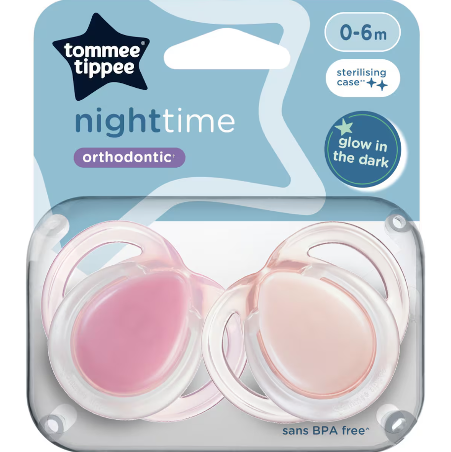 Picture of Tommee Tippee Nighttime soother, 0-6 months, 2 pack of glow in the dark soothers with reusable steriliser pod, Assorted Colours