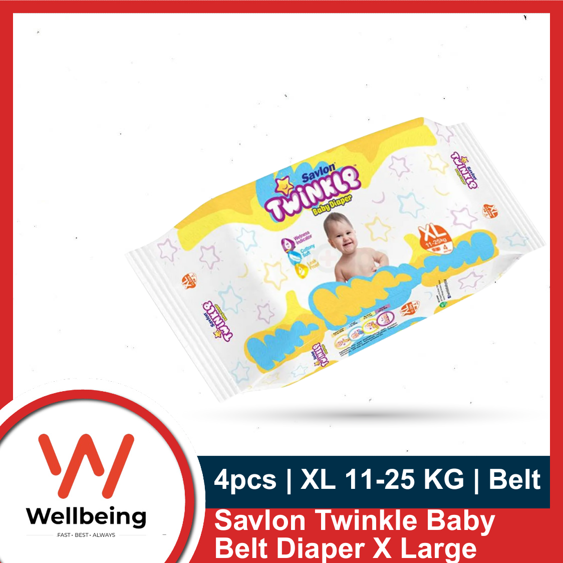 Picture of Savlon Twinkle Baby Belt Diaper Extra Large 11-25 KG 4pcs