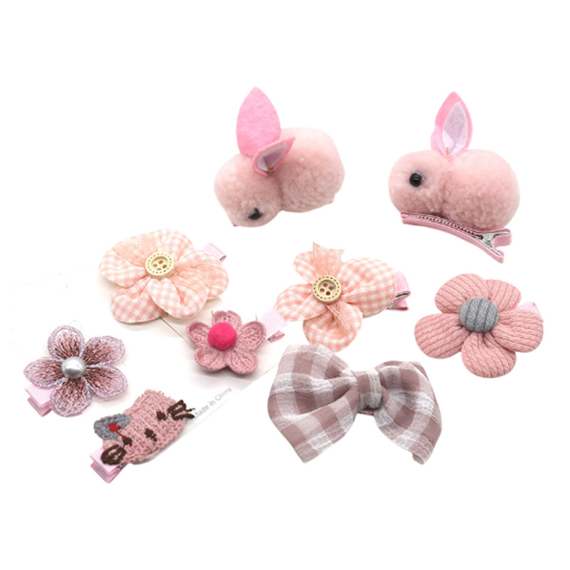 Picture of 9 pcs/set children hair accessories of cartoon rabbit hairpin Korean version of the fabric flower for kids hairclip