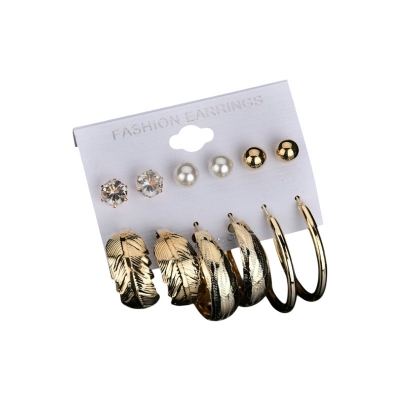 Picture of 6 Pairs of Rhinestone Set Big Circle Leaf Earring for Women Fashion Jewelry