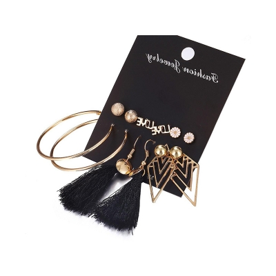Picture of 6 Pairs Plated Ball Hoop Cutout Black Tassel Love Earring Jewelry Set for women's fashion - Kaner Dul