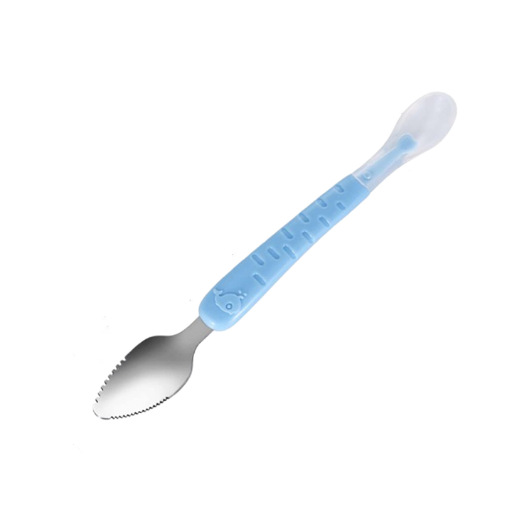 Picture of 1pcs Multicolor New Design Double Head Scraper Mud Spoon Stainless Steel Fruit Mud Spoon Baby Silicone Spoon for Kids Feeding