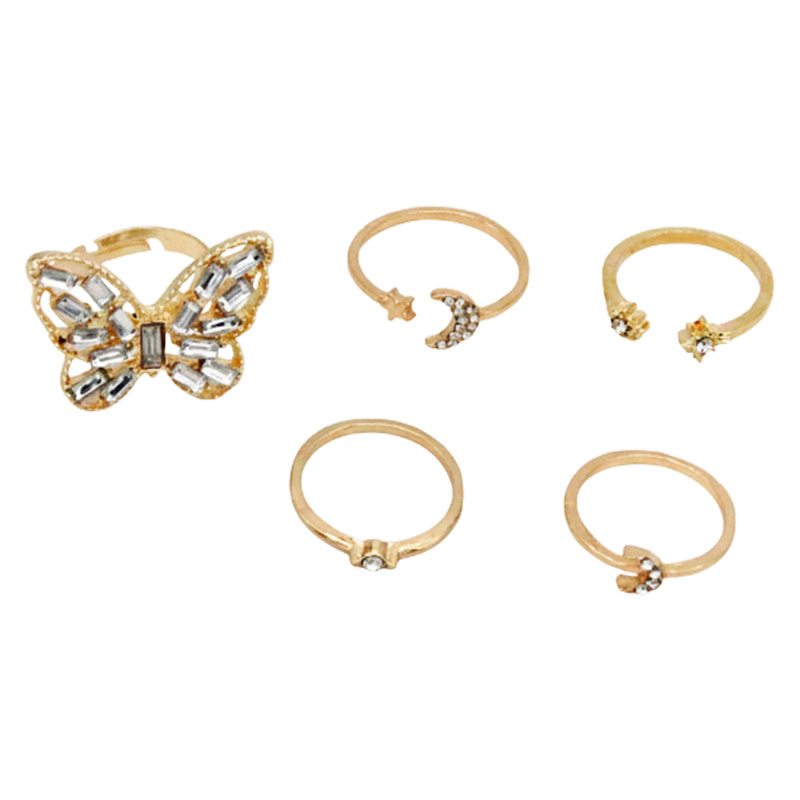 Picture of 5 Pcs/Set Golden Big Butterfly Star Moon Combination Finger Ring 5 -piece Adjustable Finger Ring Set