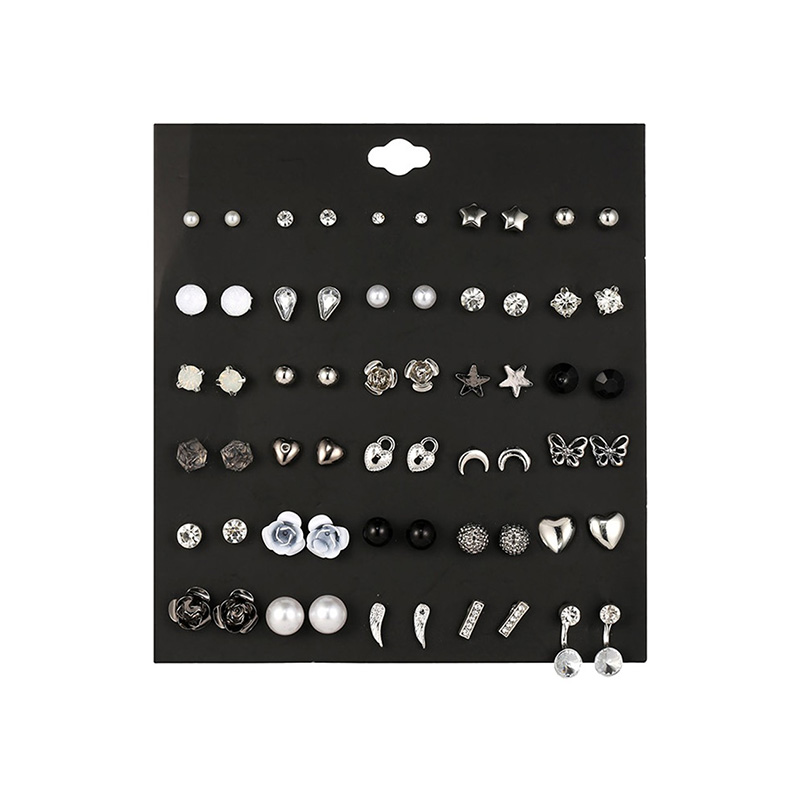 Picture of 30 pairs/Set Silver & Black Colour Geometry Rose Different Shape Stud Earring Set