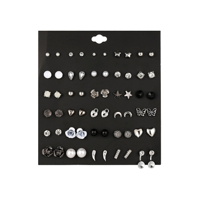 Picture of 30 pairs/Set Silver & Black Colour Geometry Rose Different Shape Stud Earring Set
