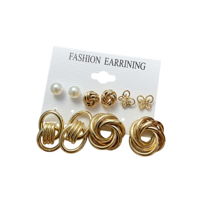 Picture of 6 pairs/set Retro Earrings Set Circle Pearl Butterfly Earrings Set for Women