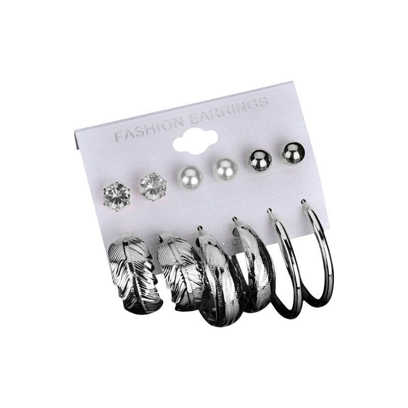 Picture of 6 Pairs of Rhinestone Set Big Circle Leaf Earring for Women Fashion Jewelry