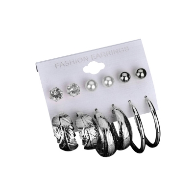 Picture of 6 Pairs of Rhinestone Set Big Circle Leaf Earring for Women Fashion Jewelry
