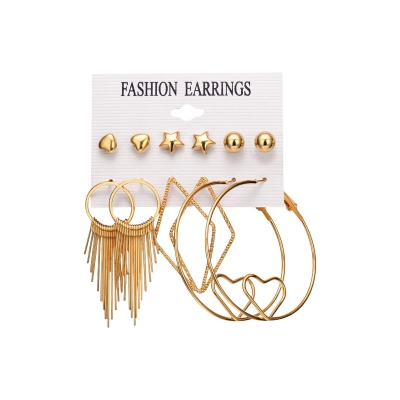 Picture of 6 Pairs/Set Of Trendy New Suit Stud Earrings Ladies Pentagram Circle Love Tassel Delicate Earrings For Females Party Fashion Jewelry