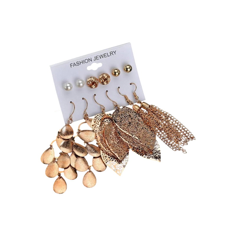 Picture of 6 Pairs of plate pearl earrings set hollow leaf woven earrings jewelry
