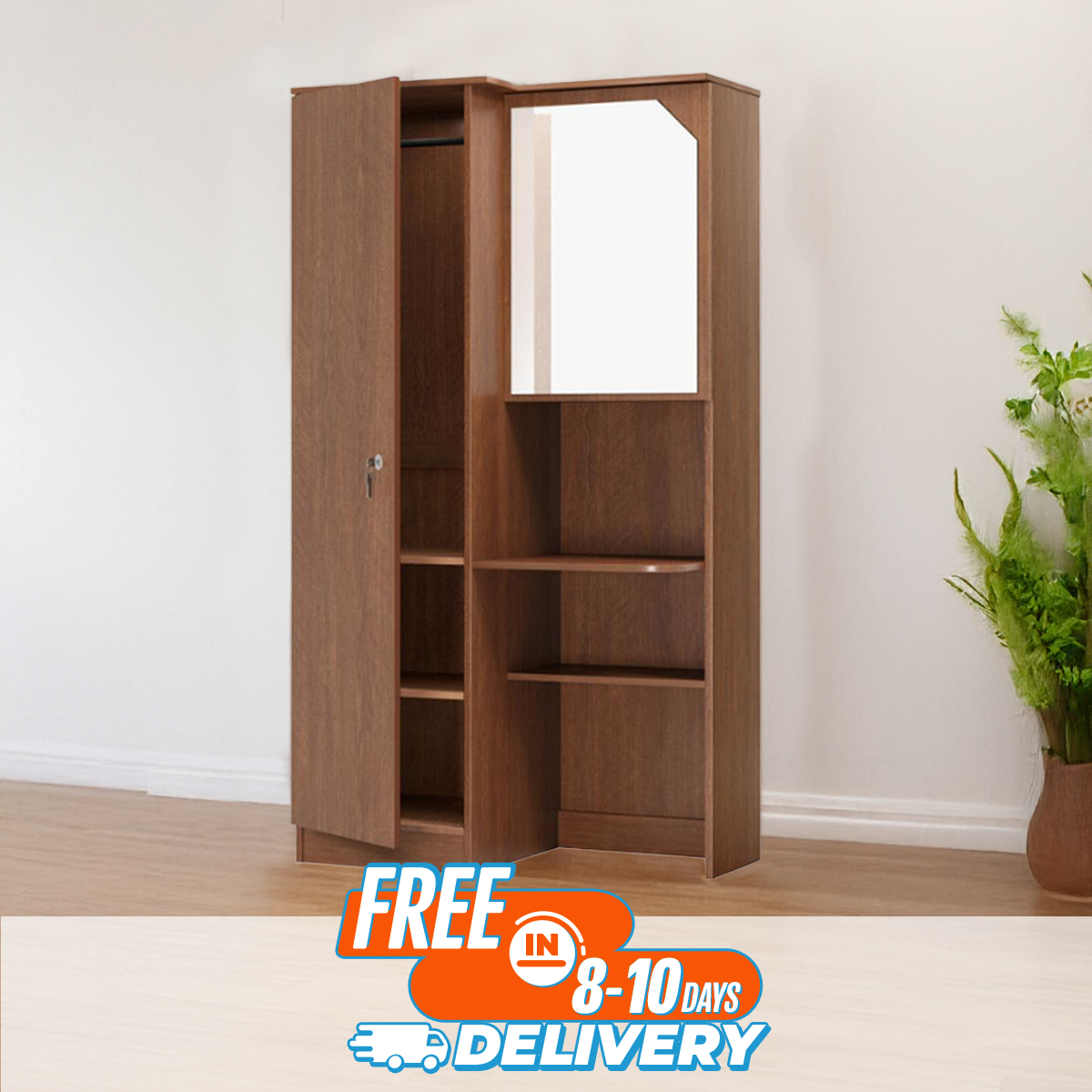 Picture of Modern Single Door Almirah and Two Shelves With Mirror | Book Shelf | Shelves | Mirror by Best Quality Furniture - Minimalistic Sophistication
