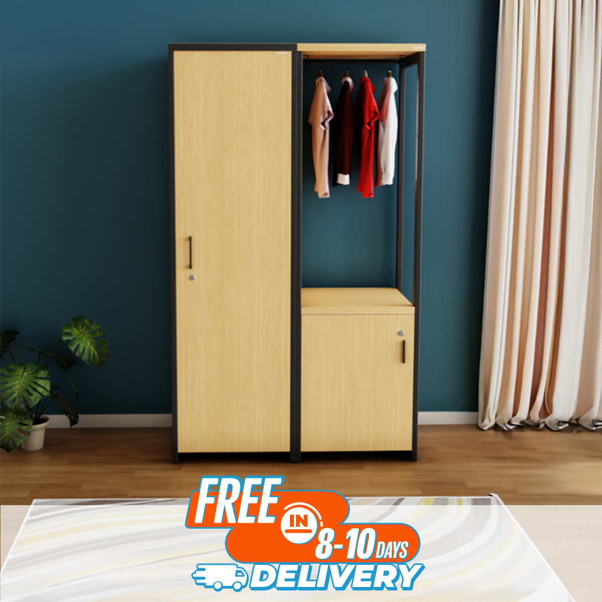 Picture of Newfangled - Single Door Wardrobe with Large Cabinet & Cloth Stand by Best Quality Furniture - Furniture & Decor - Modern and Trendy