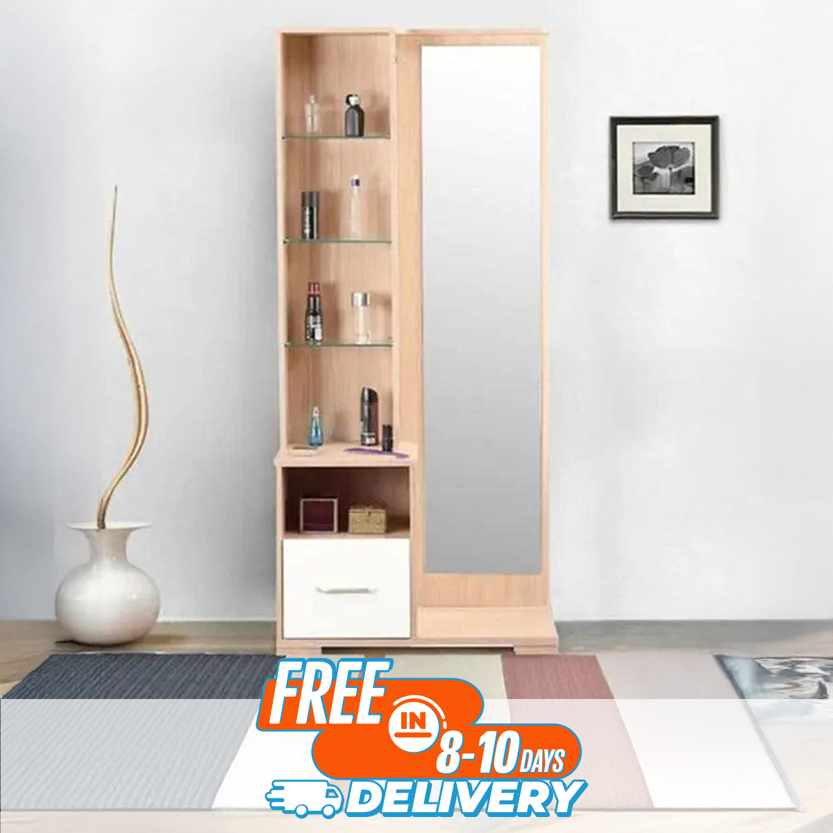 Picture of Nifty Niche - Bedroom Full Mirror Dressing Table with Shelf & Side Drawer - Best Quality Furniture - Furniture & Decor- Vibes