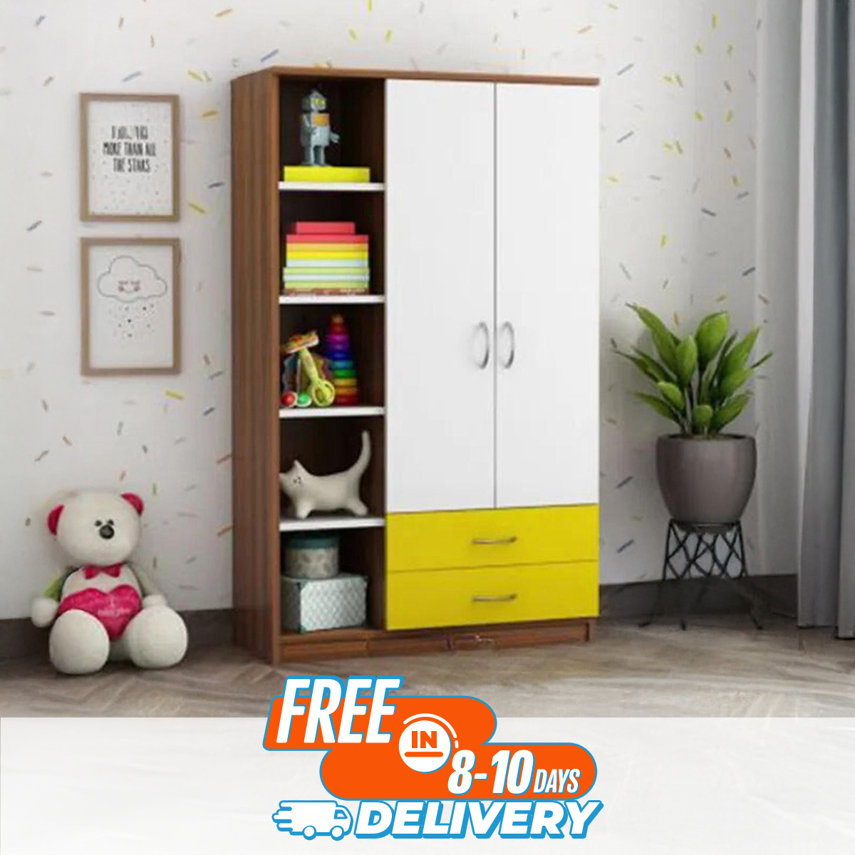 Picture of Quirky Finds - Premium Design Luxury Pull out Almirah with 2 Drawer and 1open Shelf for Book or Display Unit/ Cloth Hanger Storage