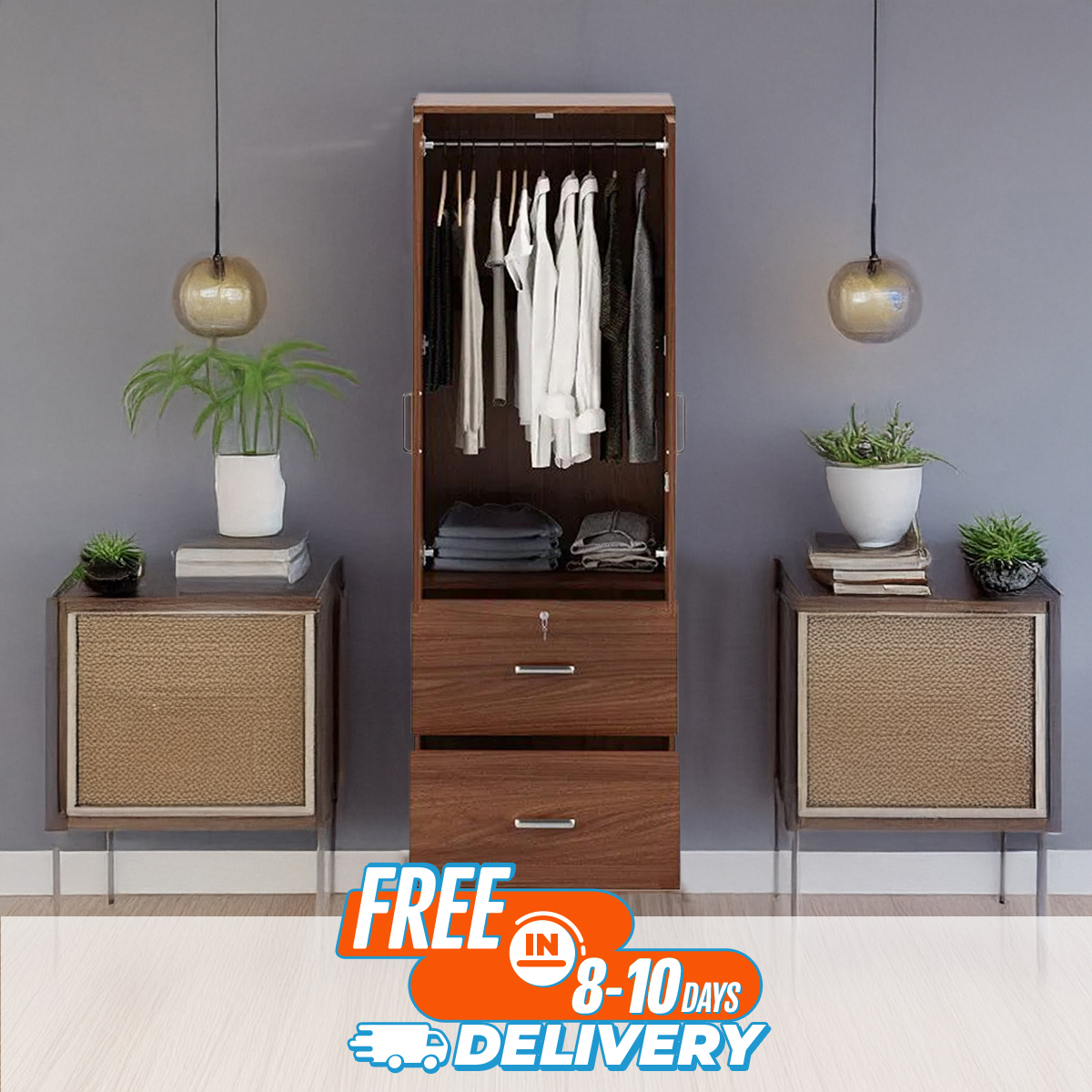 Picture of 2 Part Almirah with coat hanger shelf & 2 Locker Drawer Alamary / Laminated Board Wardrobe2 Door Almira - Best Quality Furniture