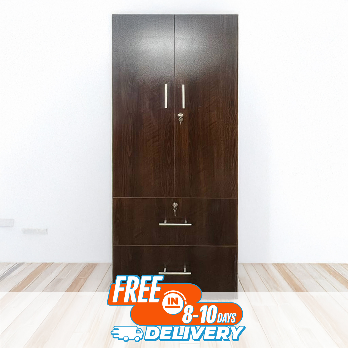 Picture of 2 Part Almirah with coat hanger shelf & 2 Locker Drawer Alamary / Laminated Board Wardrobe2 Door Almira - Best Quality Furniture