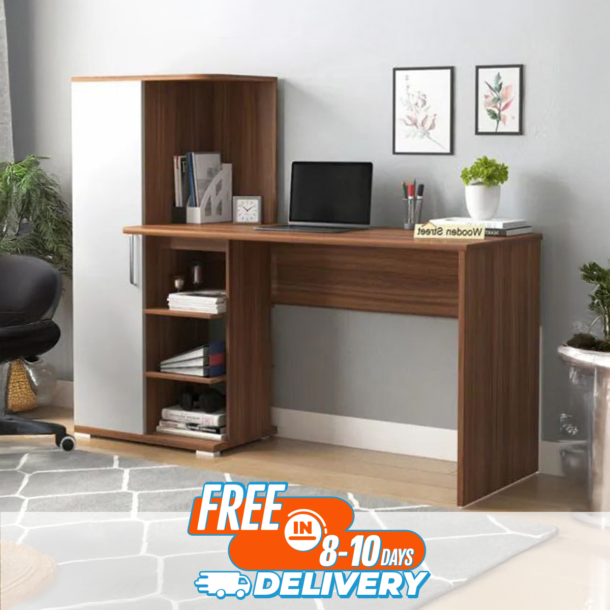 Picture of Modern Home Office Computer Table Study Table Laptop Desk With Shelves - White Color Finish For Contemporary Style