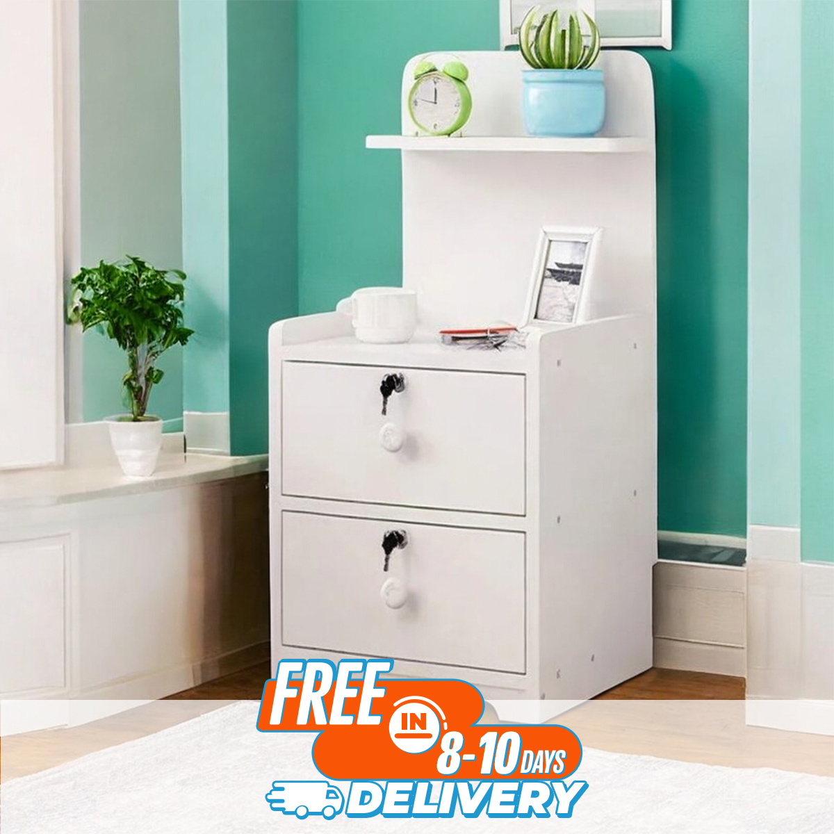 Picture of Modern Bedside Table, 2 Locker Drawer with Storage Shelf, Modern Stand Bedroom Furniture Quarto Cabinet Bedside Table