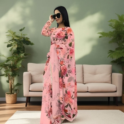 Picture of Fashionable Georgette Pearl Lace Saree with Blouse Piece