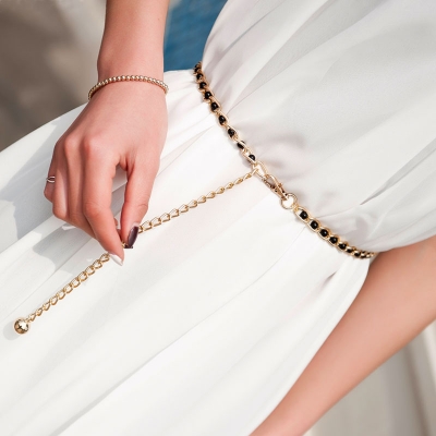 Picture of Cute Metal Adjustable Thin Ladies Waist Pearl Chain Belt For Decorative Cloth