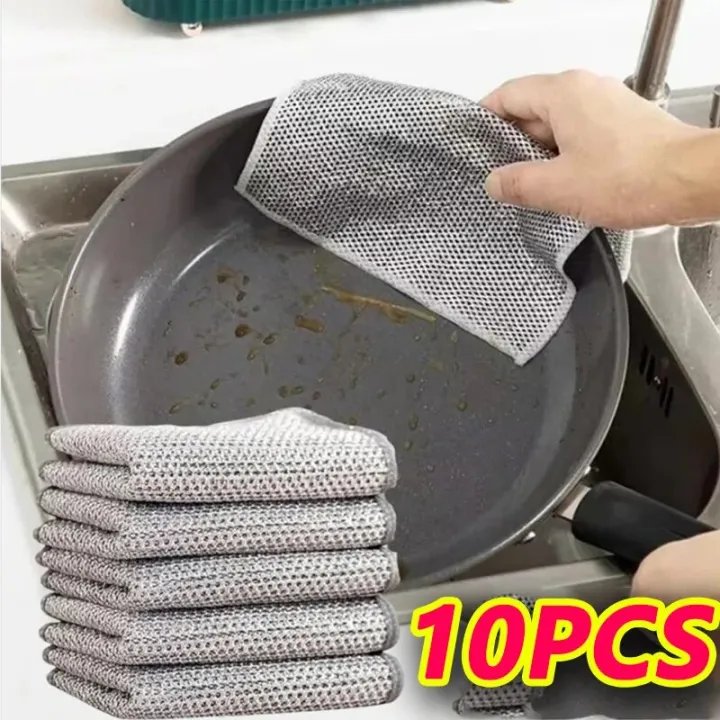 Picture of 10pcs Magic Dishcloth - Silver Wire Cleaning Kitchen Cloth with Thickened Microfiber & Built-in Sponge Steel Wire Ball