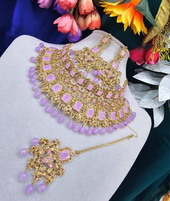 Picture of Unique  Stone Bridal Choker Necklace with Earrings and Tikka Picture of Unique  Stone Bridal Choker Necklace with Earrings and Tikka