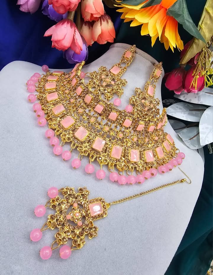 Picture of Unique pink  Stone Bridal Choker Necklace with Earrings and Tikka Picture of Unique pink  Stone Bridal Choker Necklace with Earrings and Tikka