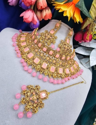Picture of Unique pink  Stone Bridal Choker Necklace with Earrings and Tikka Picture of Unique pink  Stone Bridal Choker Necklace with Earrings and Tikka