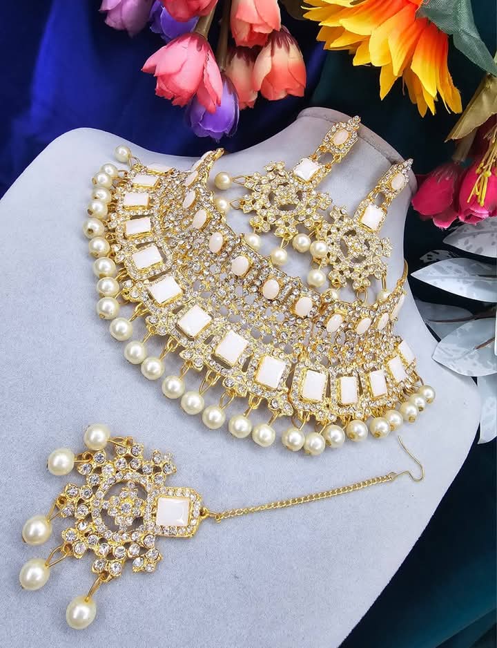 Picture of Unique white  Stone Bridal Choker Necklace with Earrings and Tikka Picture of Unique white  Stone Bridal Choker Necklace with Earrings and Tikka