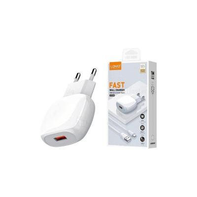 Picture of LDNIO A1306 QC3.0 Euro Plug 1 USB Port 18W (Max) Fast Charger & Type-C Data Charging Cable For Samsung Galaxy M21 M11 A31 A41 A11 A21s A50 A20 A30 A50s A30s