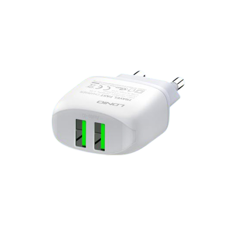 Picture of LDNIO A2219 USB 2 Port Auto ID 2.4A Two USB EU Plug Fast Wall Charger with 1 Pcs Lightning (iPhne) Charging & Data Cable For Mobile Phone / Tablet