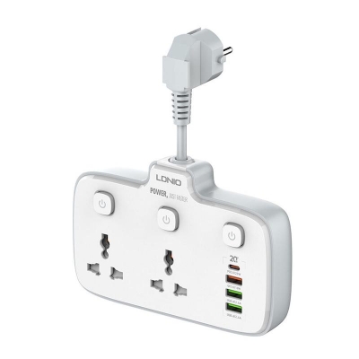 Picture of LDNIO SC2413 EU Plug Power Cord Socket Extension Plug with USB 20W Socket Extension Cord Universal Outlets 1 PD Port & QC3.0 1 Port & 2 Auto ID Ports Charger Socket Total 4 Ports