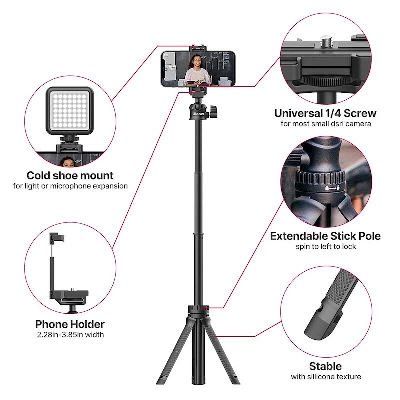 Picture of ULANZI MT-34 Extendable Pole Tripod Selfie Stick with 2 in 1 Phone Clamp Handle Grip 1/4" Universal Screw Compatible iPhone 11 Pro 14 Pro Max XS Max X 8 7 Samsung Canon Nikon Sony Cameras, Black